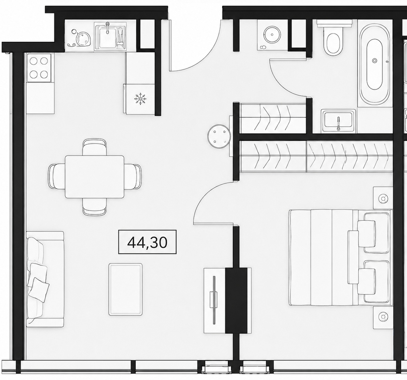 Планировка квартиры 44,3 м², евро-2, корпус Е квартала SLAVA