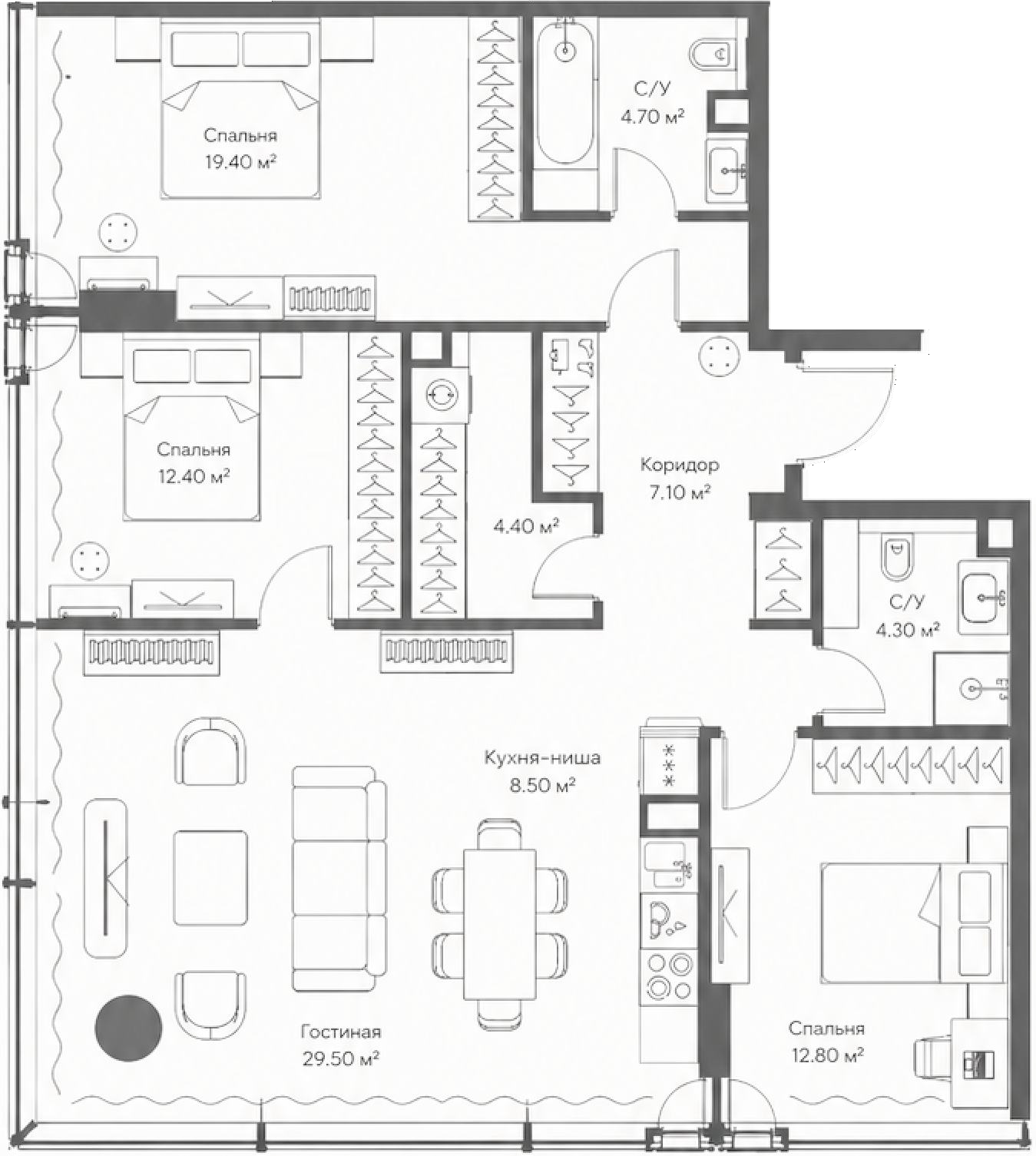 Планировка квартиры 103,1 м² в корпусе Е квартала SLAVA